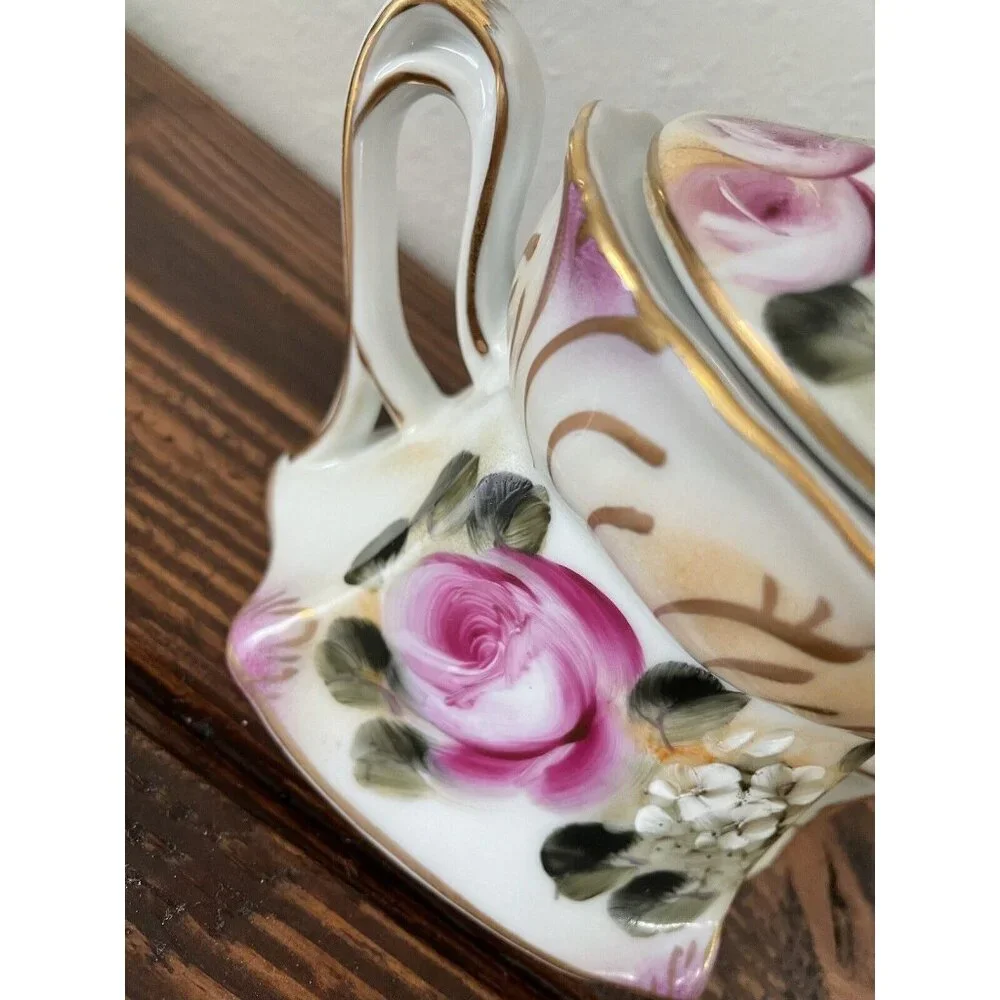Vintage Hand Painted Nippon Sugar Bowl Jar w/ Lid, Pink Floral Ceramic